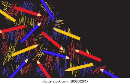Abstract background with colored pencils and doodle in flat style. Vector EPS10.