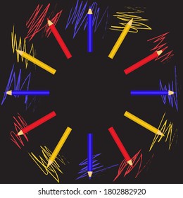 Abstract background with colored pencils and doodle in flat style. Vector EPS10.