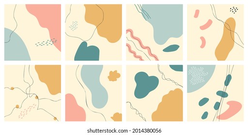 Abstrakter Hintergrund von farbigen Flecken und Linien, modern trendig. Set von acht Vektorgrafiken für die Verwendung auf Websites und Dekoration. Jeder Hintergrund ist einzeln.