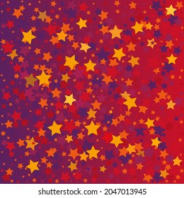 Abstrakte, hintergrundfarbene Sterne im Farbverlauf-roten Himmel. Das Konzept des Urlaubs, das Glück des neuen Jahres. Vektorgrafik.
