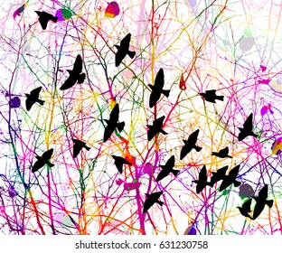 Abstract background from colored tree branches With birds. Vector