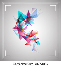 Abstract background of colored triangles in a frame. Exposition, abstract decorative element on a gray background.