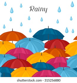 Abstract background with colored umbrellas and rain drops.