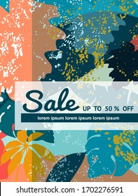 Abstract background. Colorful banners with leaves and texture. Promotion vertical coupon. Applicable for discount flyers, roll up, poster, invitations, cards, covers. Vector illustration.