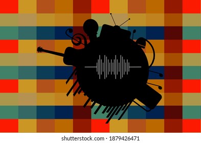 Abstract background with colorful blocks with musical instruments guitar, mike, headset and musical notes vector illustration.