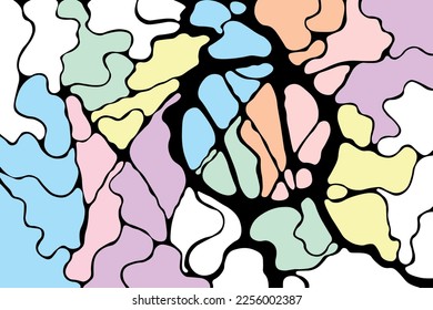 Abstract background, colorful blots with black outline, flat vector, method of working with the unconscious, new neural connections, Piskarev's neurographics