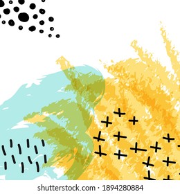 Abstract background with colorful brush strokes and black lines. Copy space. Vector illustration, flat design
