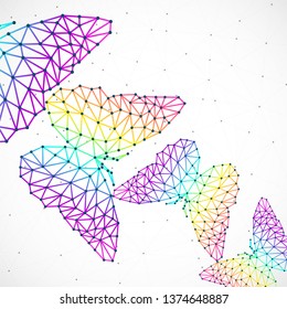 Abstract background with colorful butterflies of lines and dots, polygonal geometric structure. Vector design