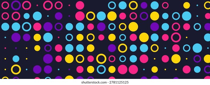 Abstract background with colorful circles, dots and rings. Modern geometric pattern with bright elements on a dark blue background. Vector illustration.