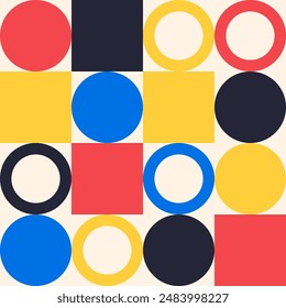 Abstrakter Hintergrund. Bunte Kreise und Quadrate auf dem Hintergrund. Abstrakter geometrischer Hintergrund. Vektorillustration