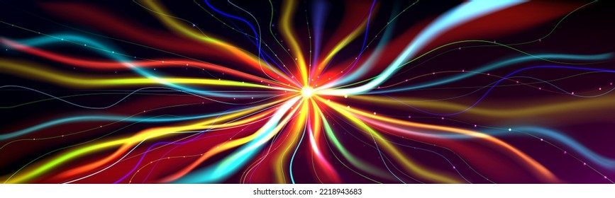 Abstract background with colorful curve lines going form shining center. Rainbow color swirls, technology concept, digital data stream, cable connection, energy waves, Realistic 3d vector radiance