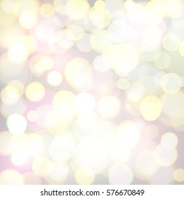 Abstract background with colorful defocused bokeh circles. Christmas background. Celebrating glowing backdrop. Bright vector illustration.