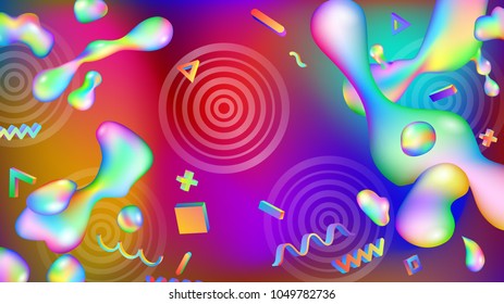 Abstract background of colorful drops of fluids and geometric shapes. Modern futuristic design