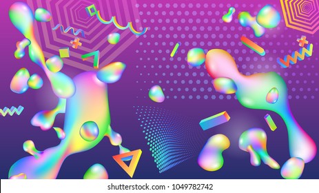 Abstract background of colorful drops of fluids and geometric shapes. Modern futuristic design