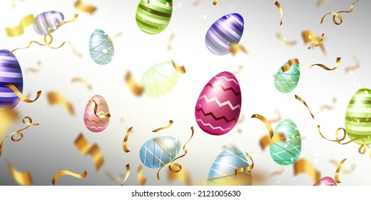 Abstract background with colorful Easter eggs and gold confetti flying on blurred white backdrop. Happy holiday template for advertising, banner or greeting card, Realistic 3d vector illustration