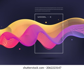 Abstract background with colorful emitted particle line wave. Conceptual element design template. Modern vector illustration.
