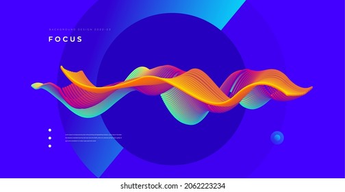 Abstract background with colorful emitted particle line wave. Conceptual element design template. Modern vector illustration.
