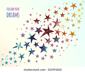 Abstract background with colorful Falling Stars. Stars abstract background. Falling Stars. Stars poster. Follow your dreams. Meteoroid, Comet, Asteroid, Stars on White Background. Vector illustration