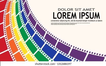 Abstract background with colorful film strip frame isolated on white background. Cinema design festival poster or flyer template with space for your text. Movie time at the cinema concept. 3d style.