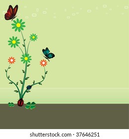 Abstract background with colorful flower, small ladybirds and two beautiful butterflies