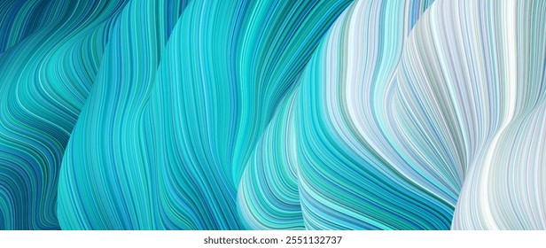 Abstract background with colorful flowing wavy lines in blue turquoise ocean tones. Dynamic artistic design with energy motion and fluidity. Smooth curved lines and flowing waves. Vector illustration