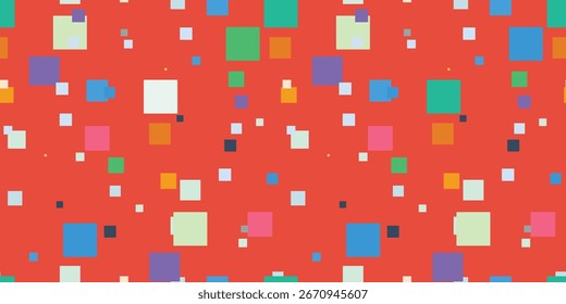 Abstract background with colorful geometric squares on a red backdrop. Modern bright pattern for design, technology style, and creative visuals.