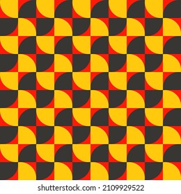 Abstract background. Colorful geometrical pattern. Modern design. Seamless backdrop. Diagonal line. Square pattern. Black and yellow fan shape on red background. Circle and arc shape.