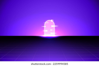Abstract background with colorful glowing portal on the horizon, perspective laser glitchy grid with bright gradient square, virtual cyber space, future technology concept. Vector.