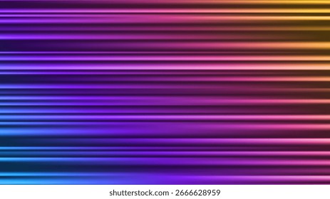 Abstract background with colorful horizontal rays. Laser beam and light flare effects on dark backdrop. Fast motion glow with neon style lines. Vector illustration