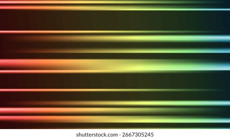 Abstract background with colorful horizontal rays. Laser beam and light flare effects on dark backdrop. Fast motion glow with neon style lines. Vector illustration