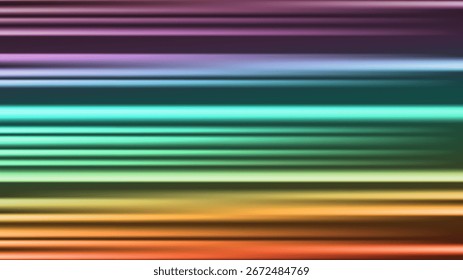 Abstract background with colorful horizontal rays. Laser beam and light flare effects on dark backdrop. Fast motion glow with neon style lines. Vector illustration
