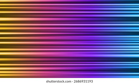 Fondo Abstractas con coloridos rayos Horizontales. Efecto de haz láser y destellos de luz sobre fondo oscuro. Resplandor de movimiento rápido con líneas de estilo neón. Ilustración vectorial