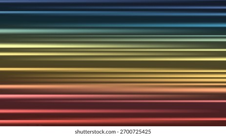 Fondo Abstractas con coloridos rayos Horizontales. Efecto de haz láser y destellos de luz sobre fondo oscuro. Resplandor de movimiento rápido con líneas de estilo neón. Ilustración vectorial