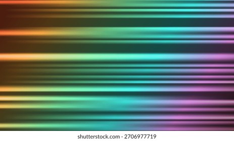 Fondo Abstractas con coloridos rayos Horizontales. Efecto de haz láser y destellos de luz sobre fondo oscuro. Resplandor de movimiento rápido con líneas de estilo neón. Ilustración vectorial