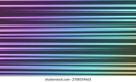 Fondo Abstractas con coloridos rayos Horizontales. Efecto de haz láser y destellos de luz sobre fondo oscuro. Resplandor de movimiento rápido con líneas de estilo neón. Ilustración vectorial