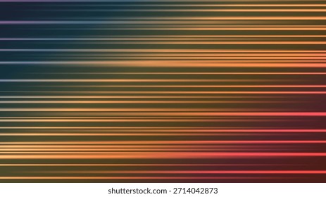 Fondo Abstractas con coloridos rayos Horizontales. Efecto de haz láser y destellos de luz sobre fondo oscuro. Resplandor de movimiento rápido con líneas de estilo neón. Ilustración vectorial