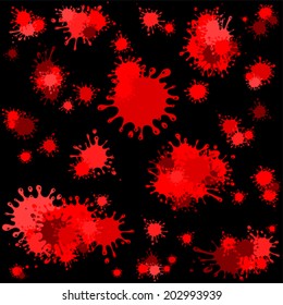 Abstract background with colorful ink splashes. Seamless pattern of blood spatter isolated on Black background. Vector illustration 