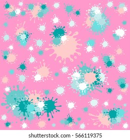 Abstract background with colorful ink splashes isolated on pink background. Emerald ink blots seamless background. Vector illustration