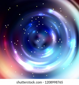 Abstract background with colorful luminous swirling backdrop. Vector infinite round tunnel of shining flares. Blue, purple colors.