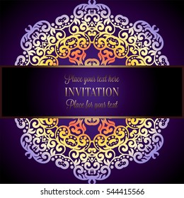 Abstract background with a colorful mandala frame, damask floral wallpaper ornaments, invitation card in purple and lilac shades