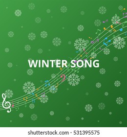 Abstract Background with Colorful Music notes on stave and snowflakes. Vector Illustration.