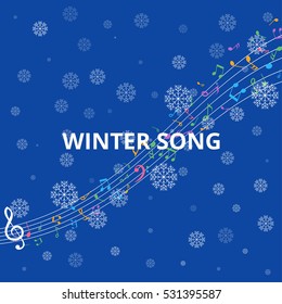 Abstract Background with Colorful Music notes on stave and snowflakes. Vector Illustration.