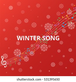 Abstract Background with Colorful Music notes on stave and snowflakes. Vector Illustration.