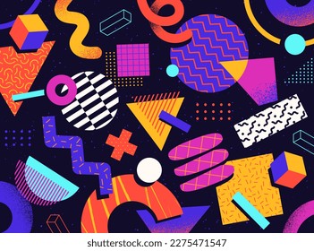 Abstract background. Colorful poster with different geometric shapes in 90s style. Bright banner with textural elements. Design for print or pattern. Cartoon flat vector illustration in doodle style