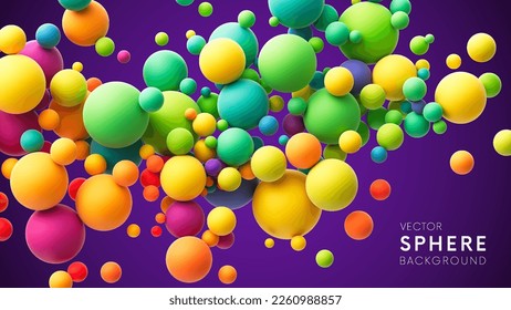 Abstract background with colorful rainbow matte soft balls in different sizes. Colorful random flying spheres. Vector background