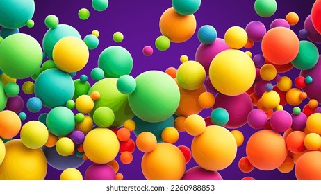 Abstract background with colorful random flying spheres. Colorful rainbow matte soft balls in different sizes. Vector background