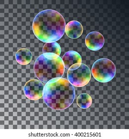 Abstract background with the colorful realistic soap bubbles set. Vector illustration isolated on transparent background.