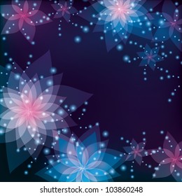 Abstract background with colorful saturated flowers lilies. Greeting or invitation card in retro or grunge style. Place for text. Vector illustration