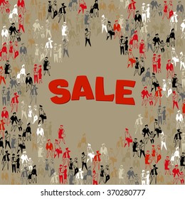 Abstract background with colorful silhouettes of people. Men and women. Large group of people. Template with place for text. Stick figure pattern. Sale poster, scrapbook,gift wrapping paper.Vector