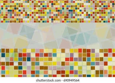 Abstract background of colorful square shape in different size cross and blend together with empty space in the center.